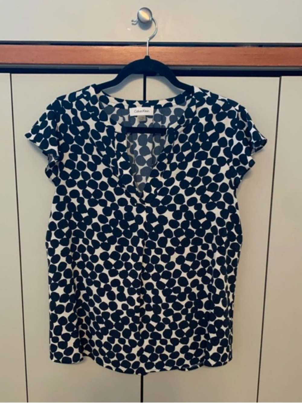 Calvin Klein navy blue & White Polka Dot Cap-Sleeve Blouse
